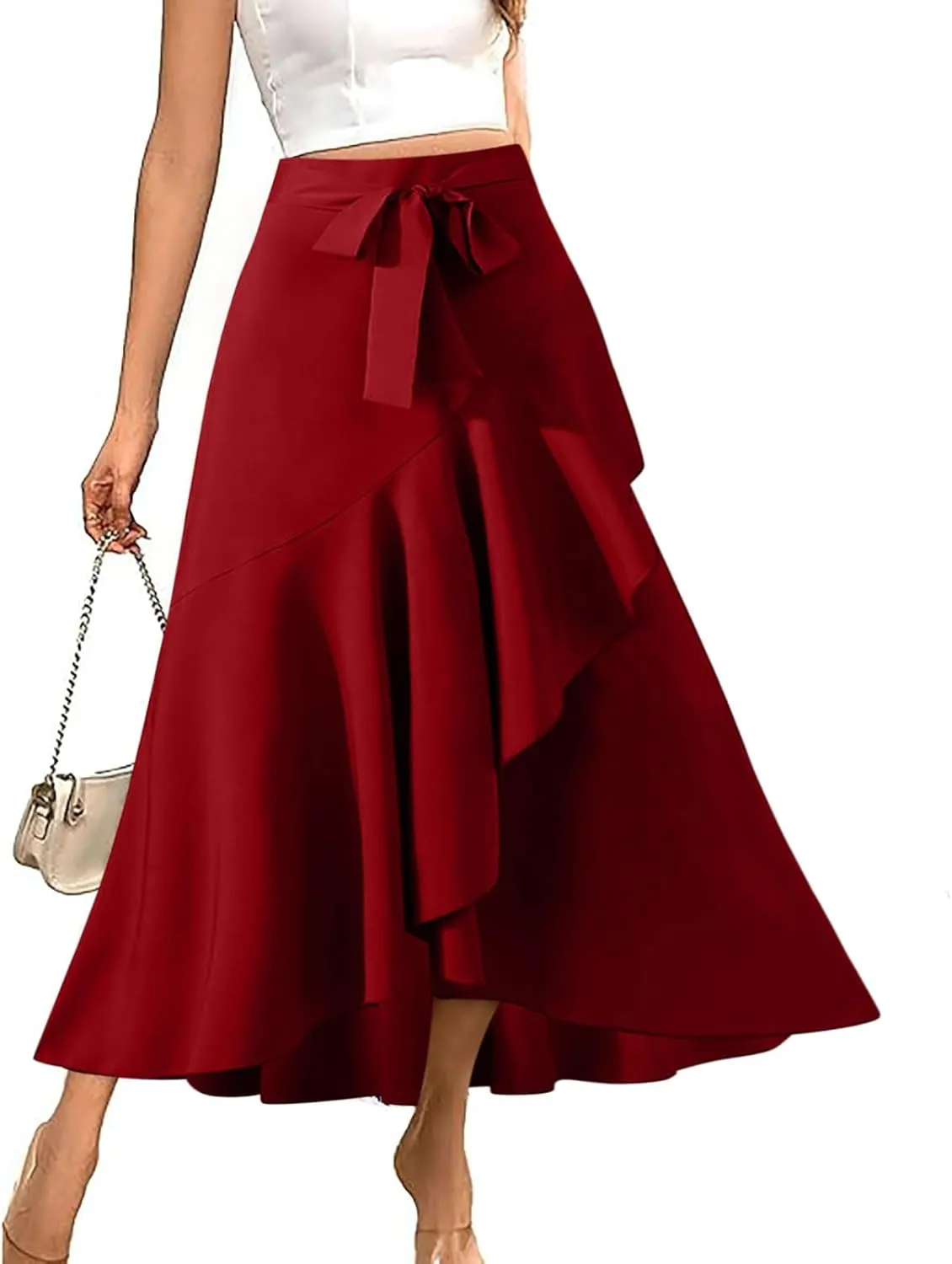 Women's High Waisted Ruffle Skirt Asymmetrical Hem Split Thigh Swing Pleated Drawstring Summer Maxi Long Skirts