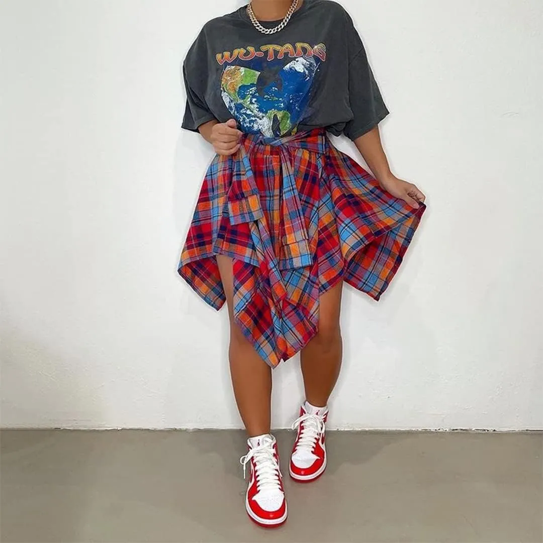 Women's Irregular Hem Plaid Skirt Flared Pleated Skater High Low High Waisted A Line Skater Skirt Summer Streetwear
