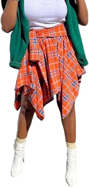 Women's Irregular Hem Plaid Skirt Flared Pleated Skater High Low High Waisted A Line Skater Skirt Summer Streetwear