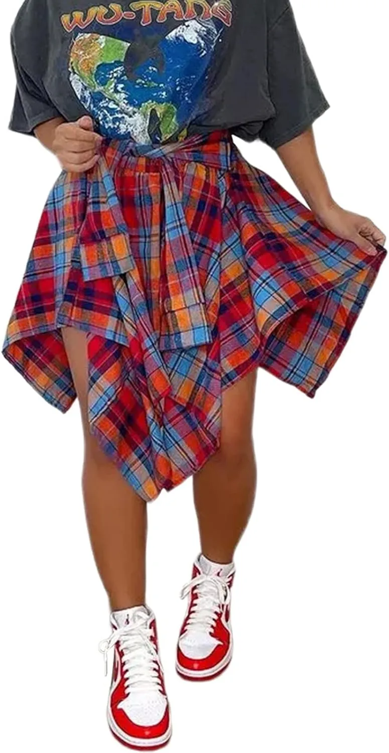 Women's Irregular Hem Plaid Skirt Flared Pleated Skater High Low High Waisted A Line Skater Skirt Summer Streetwear