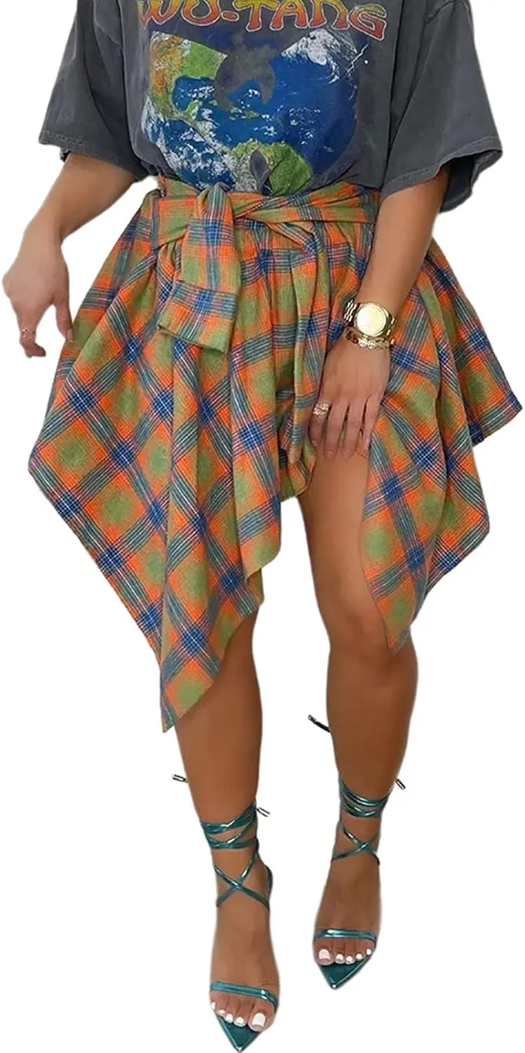 Women's Irregular Hem Plaid Skirt Flared Pleated Skater High Low High Waisted A Line Skater Skirt Summer Streetwear