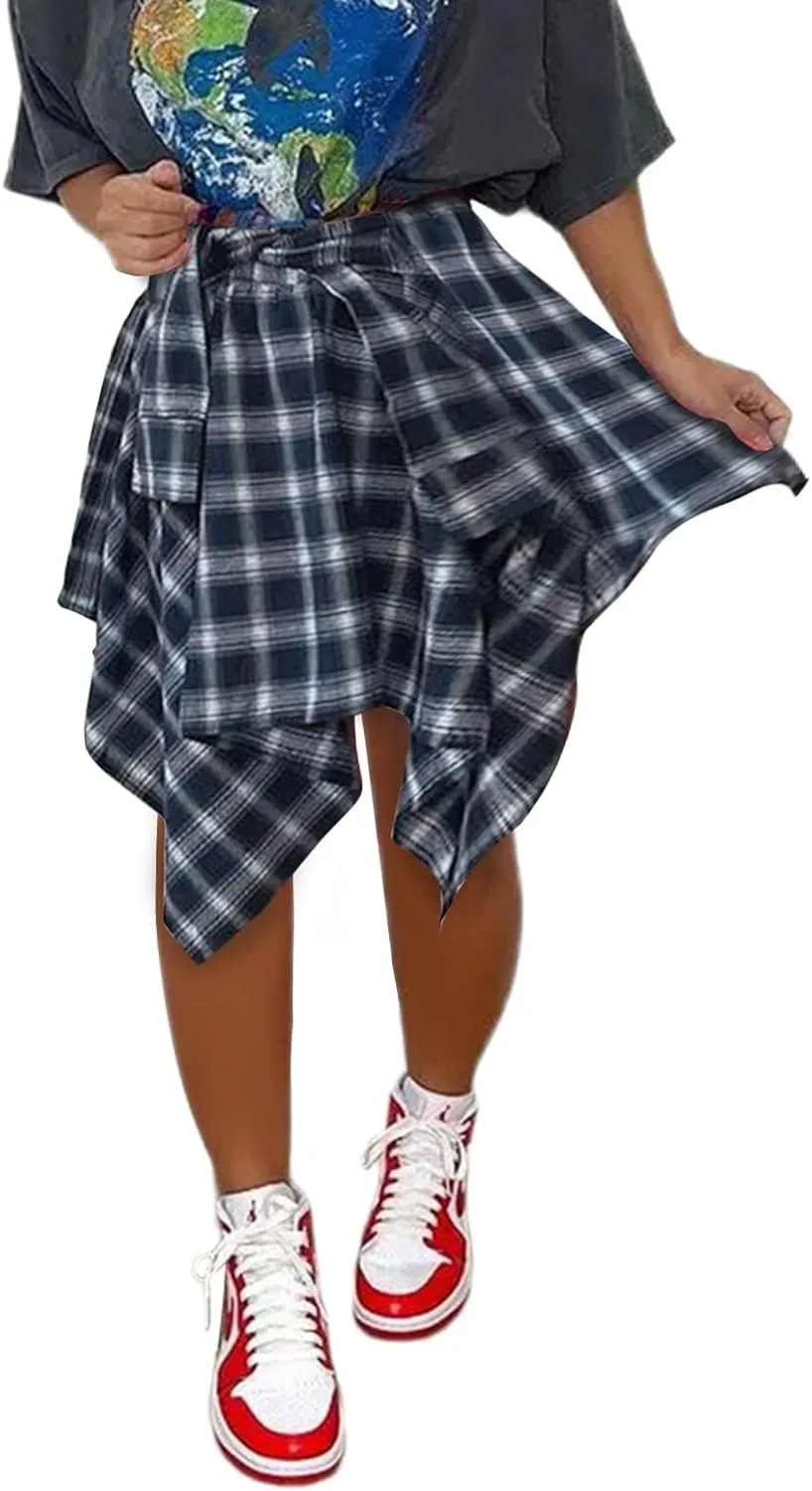 Women's Irregular Hem Plaid Skirt Flared Pleated Skater High Low High Waisted A Line Skater Skirt Summer Streetwear