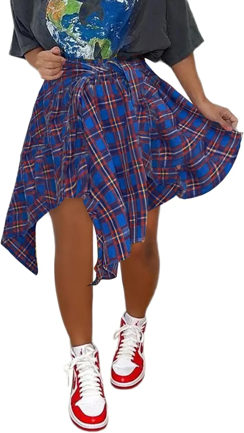 Women's Irregular Hem Plaid Skirt Flared Pleated Skater High Low High Waisted A Line Skater Skirt Summer Streetwear