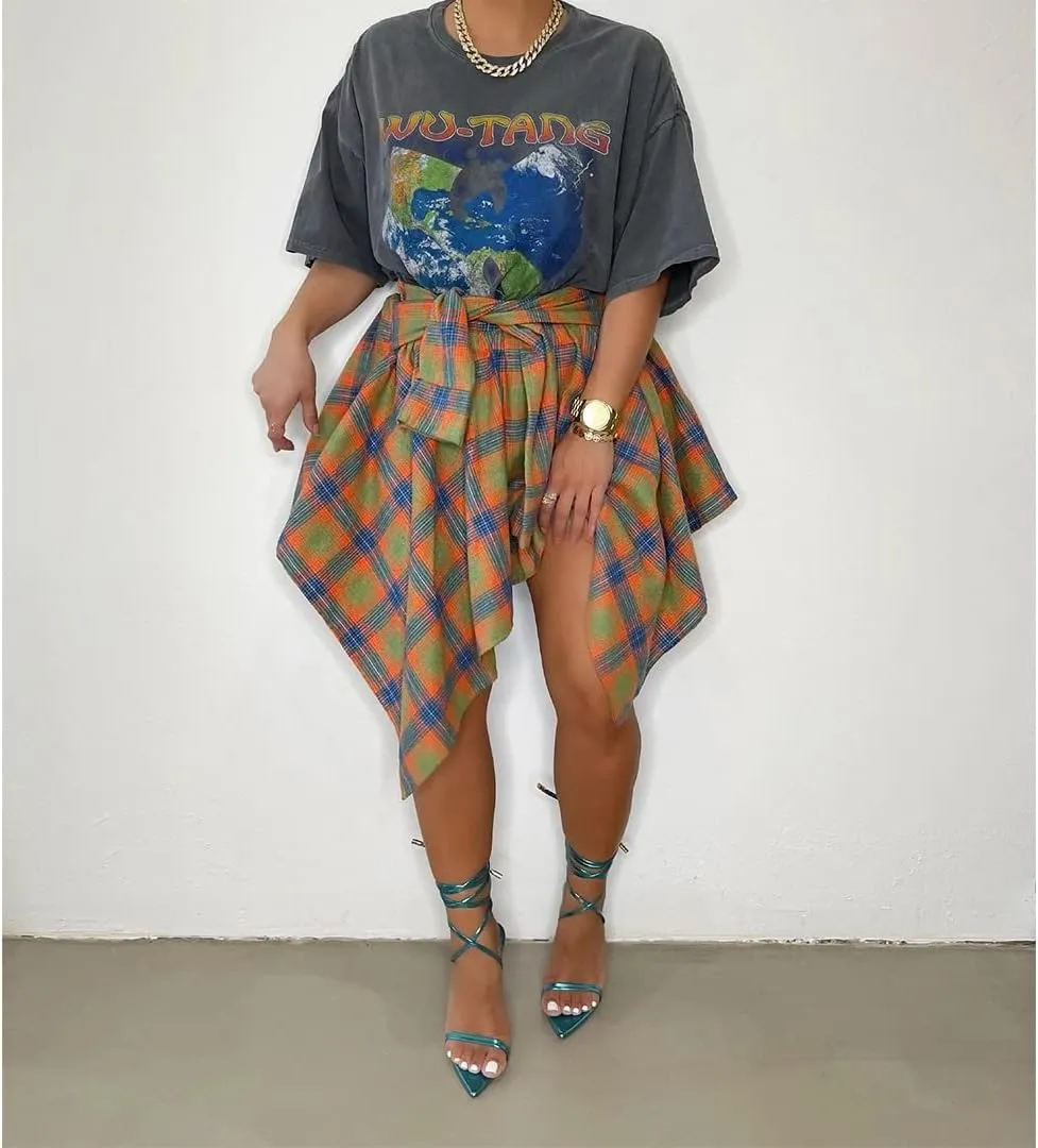 Women's Irregular Hem Plaid Skirt Flared Pleated Skater High Low High Waisted A Line Skater Skirt Summer Streetwear