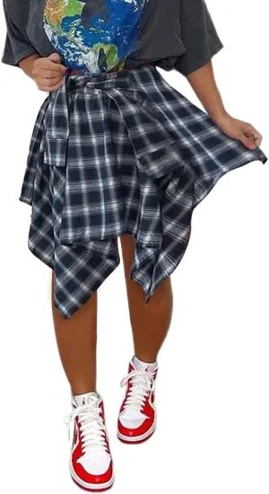 Women's Irregular Hem Plaid Skirt Flared Pleated Skater High Low High Waisted A Line Skater Skirt Summer Streetwear