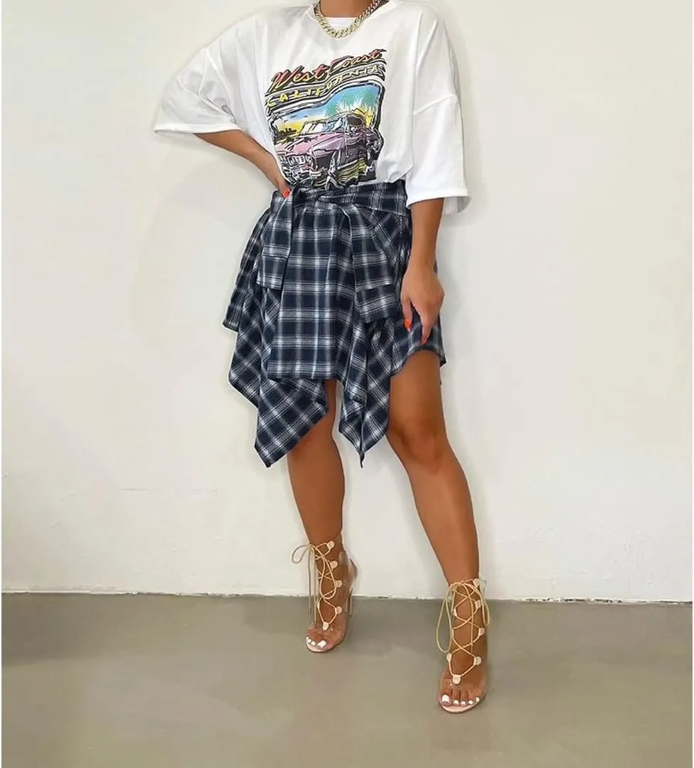Women's Irregular Hem Plaid Skirt Flared Pleated Skater High Low High Waisted A Line Skater Skirt Summer Streetwear