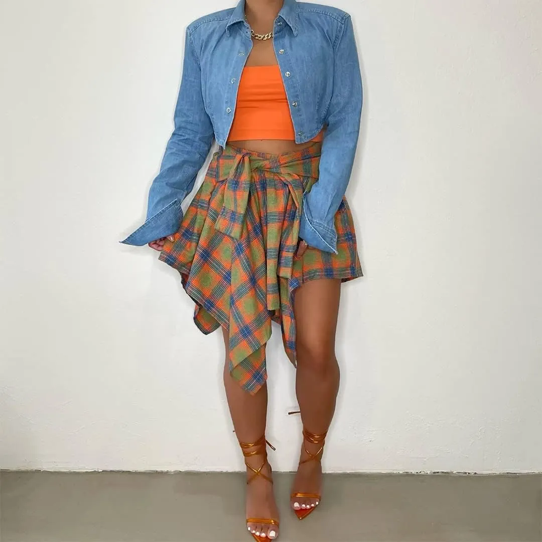 Women's Irregular Hem Plaid Skirt Flared Pleated Skater High Low High Waisted A Line Skater Skirt Summer Streetwear