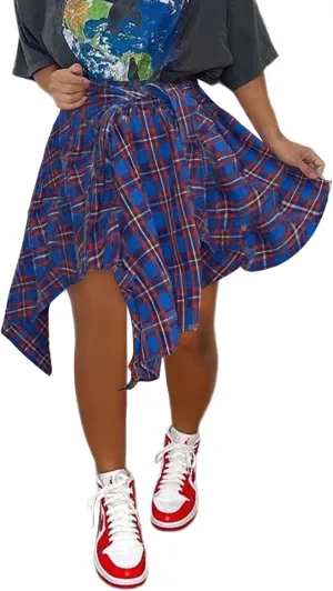 Women's Irregular Hem Plaid Skirt Flared Pleated Skater High Low High Waisted A Line Skater Skirt Summer Streetwear