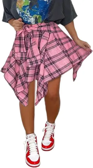 Women's Irregular Hem Plaid Skirt Flared Pleated Skater High Low High Waisted A Line Skater Skirt Summer Streetwear