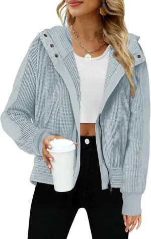 Womens Jacket Slouchy Short Jackets Casual Long Sleeve Shackets Waffle Knit Hoodies Zip Up Shirt