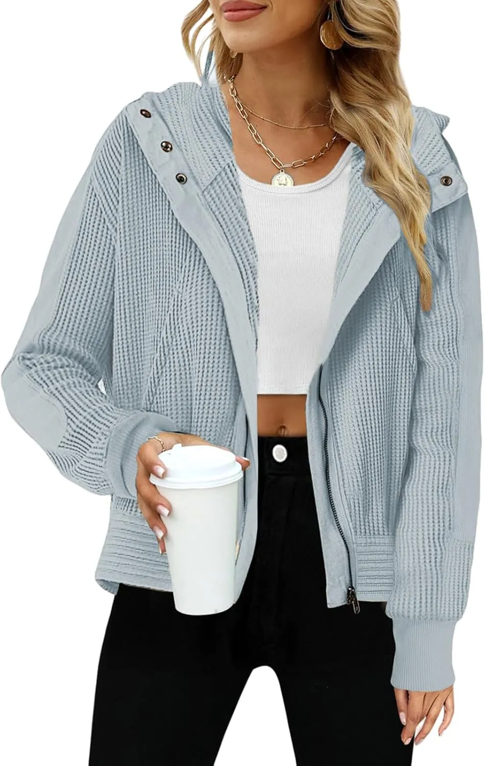 Womens Jacket Slouchy Short Jackets Casual Long Sleeve Shackets Waffle Knit Hoodies Zip Up Shirt