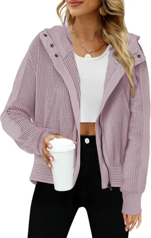 Womens Jacket Slouchy Short Jackets Casual Long Sleeve Shackets Waffle Knit Hoodies Zip Up Shirt