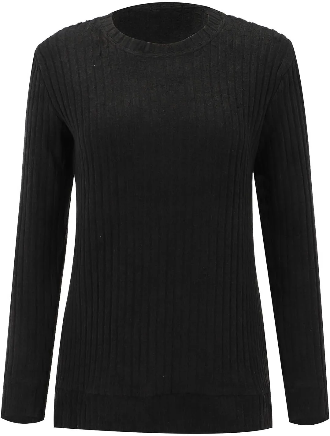 Womens Kint Sweaters Solid Color Round Neck Loose Side Split Long Sleeve Fall Pullover Sweaters Casual Slouchy Tops