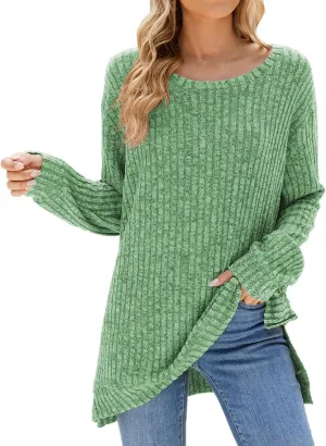 Womens Kint Sweaters Solid Color Round Neck Loose Side Split Long Sleeve Fall Pullover Sweaters Casual Slouchy Tops