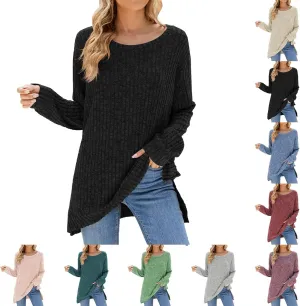 Womens Kint Sweaters Solid Color Round Neck Loose Side Split Long Sleeve Fall Pullover Sweaters Casual Slouchy Tops