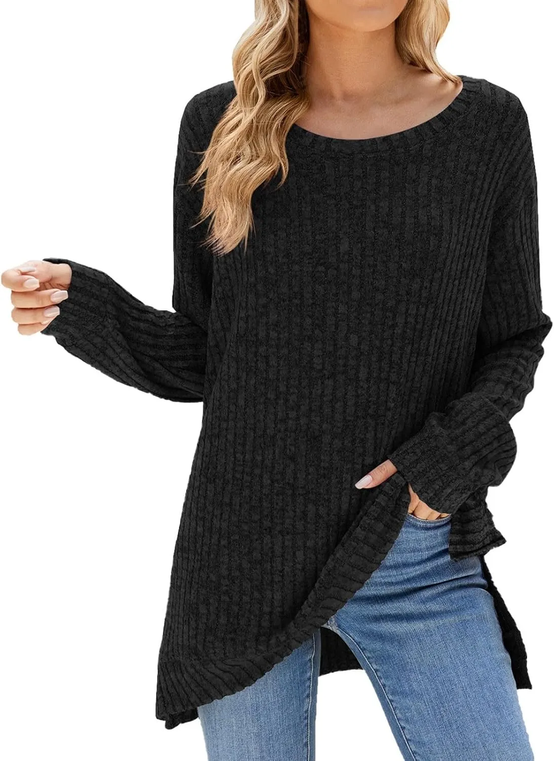 Womens Kint Sweaters Solid Color Round Neck Loose Side Split Long Sleeve Fall Pullover Sweaters Casual Slouchy Tops
