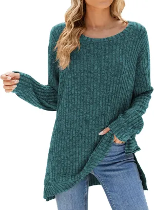 Womens Kint Sweaters Solid Color Round Neck Loose Side Split Long Sleeve Fall Pullover Sweaters Casual Slouchy Tops