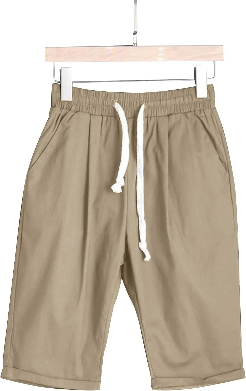 Women's Knee Length Bermuda Shorts Elastic Waist Drawstring Casual 10" Long Linen Shorts Summer Beach Shorts