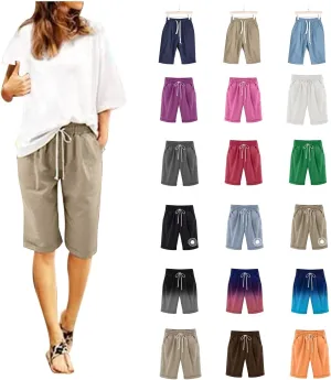 Women's Knee Length Bermuda Shorts Elastic Waist Drawstring Casual 10" Long Linen Shorts Summer Beach Shorts