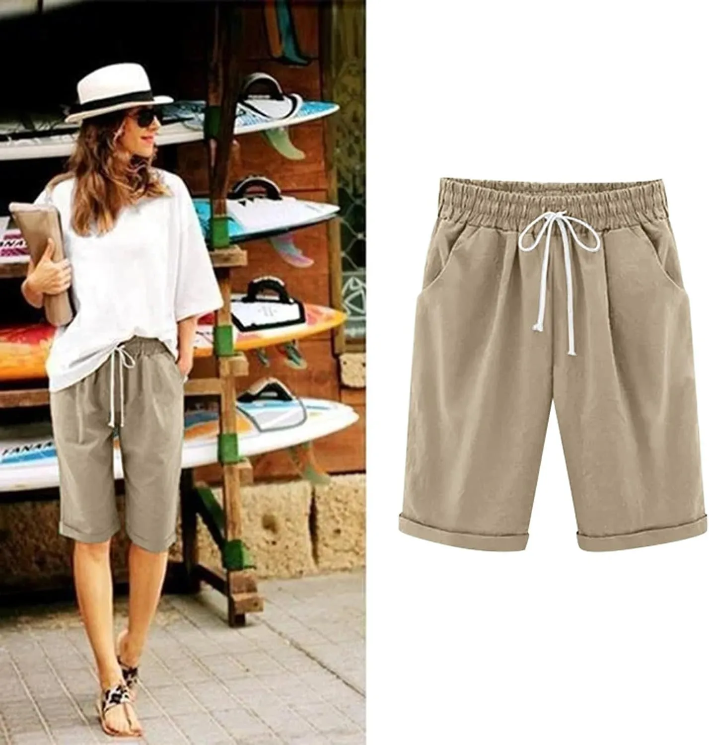 Women's Knee Length Bermuda Shorts Elastic Waist Drawstring Casual 10" Long Linen Shorts Summer Beach Shorts