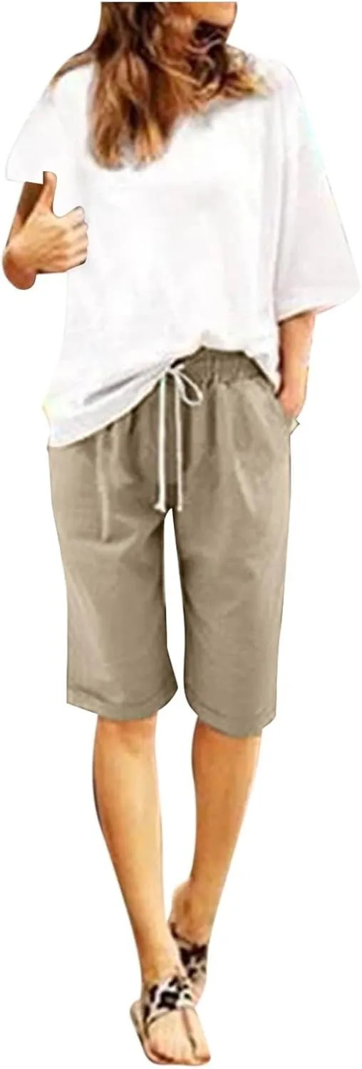 Women's Knee Length Bermuda Shorts Elastic Waist Drawstring Casual 10" Long Linen Shorts Summer Beach Shorts