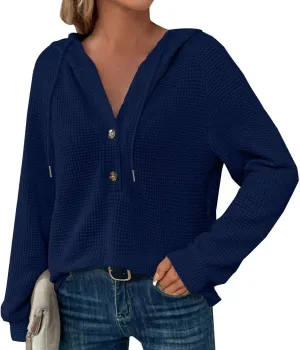 Womens Knit Hoodies Fashion Chunky Long Sleeve Button Up Slouchy Pullover Sweater Fall Casual Loose Hoodie with Hood