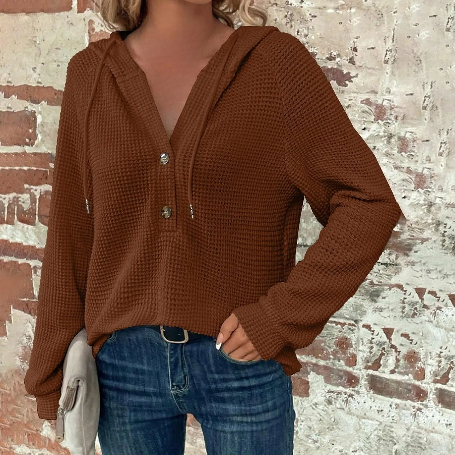 Womens Knit Hoodies Fashion Chunky Long Sleeve Button Up Slouchy Pullover Sweater Fall Casual Loose Hoodie with Hood