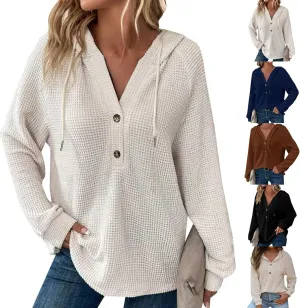 Women's Knitted Sweater Casual Slouchy Drawstring Hooded Crochet Hoodies Fall Trendy Long Sleeve Buttoned Ribbed Tops