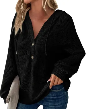 Women's Knitted Sweater Casual Slouchy Drawstring Hooded Crochet Hoodies Fall Trendy Long Sleeve Buttoned Ribbed Tops