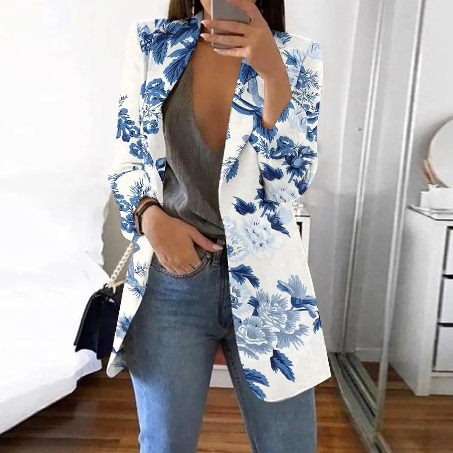 Womens Lapel Collar Button Blazer Open Front Floral Print Business Casual Suit Jackets