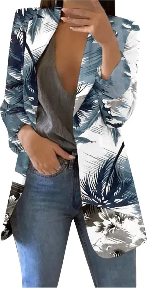 Womens Lapel Collar Button Blazer Open Front Floral Print Business Casual Suit Jackets