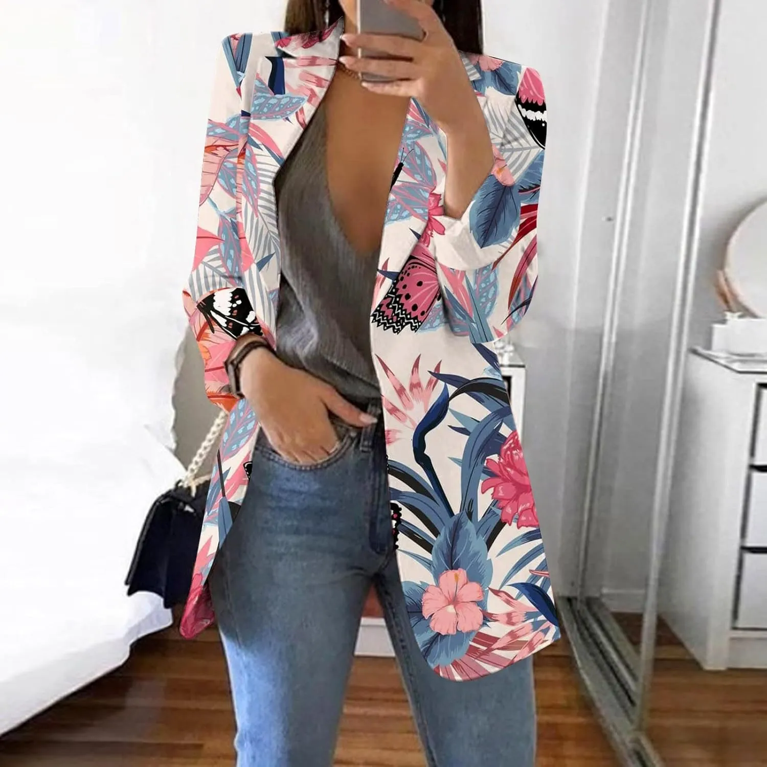 Womens Lapel Collar Button Blazer Open Front Floral Print Business Casual Suit Jackets