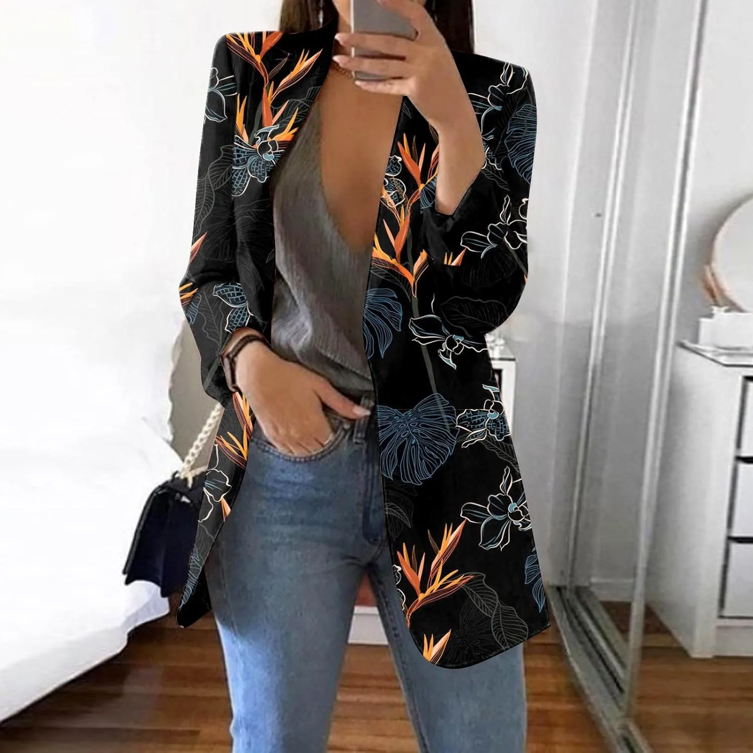 Womens Lapel Collar Button Blazer Open Front Floral Print Business Casual Suit Jackets
