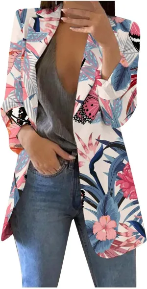 Womens Lapel Collar Button Blazer Open Front Floral Print Business Casual Suit Jackets