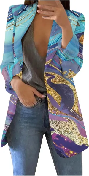 Womens Lapel Collar Button Blazer Open Front Floral Print Business Casual Suit Jackets