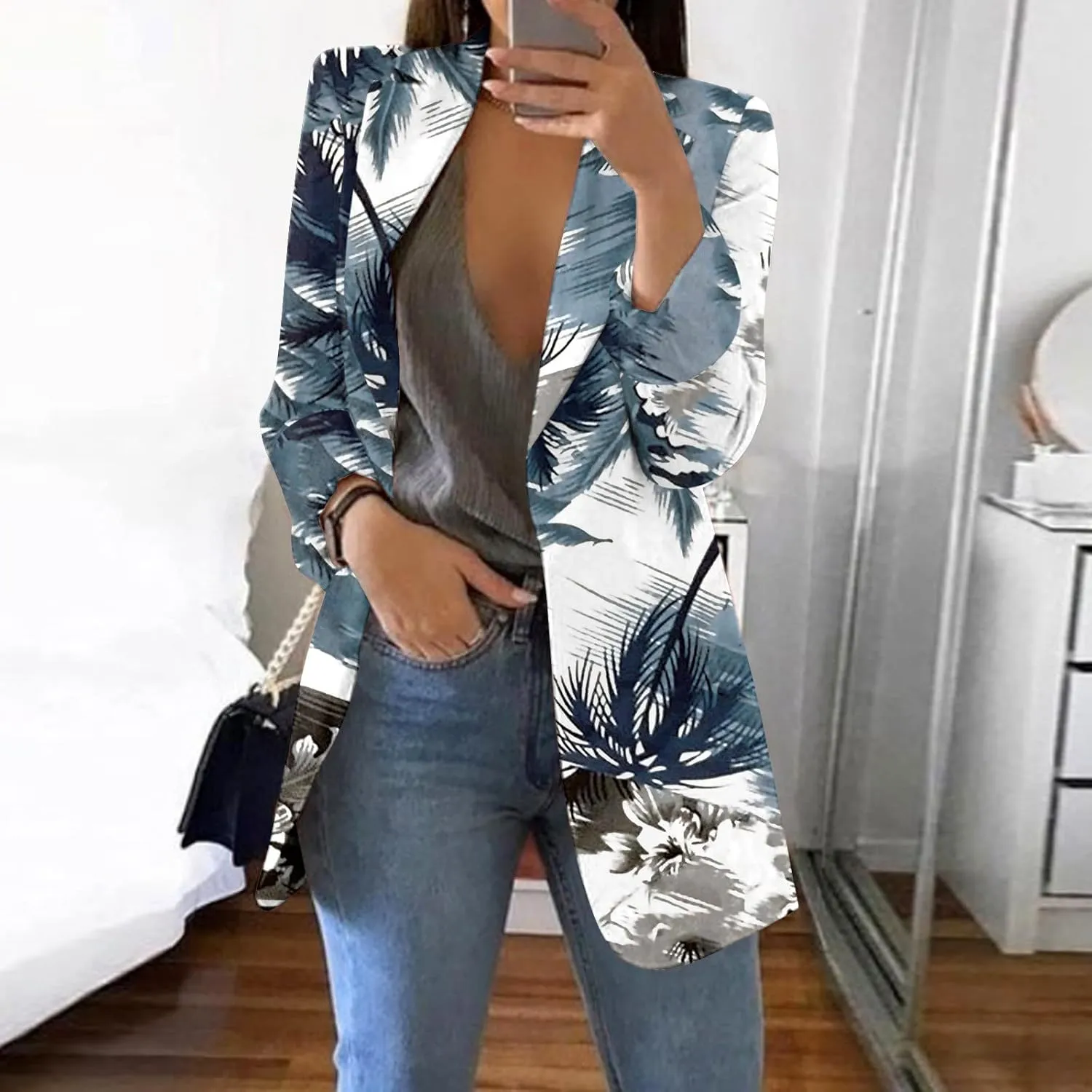 Womens Lapel Collar Button Blazer Open Front Floral Print Business Casual Suit Jackets