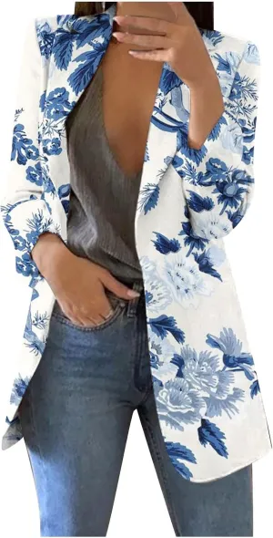 Womens Lapel Collar Button Blazer Open Front Floral Print Business Casual Suit Jackets