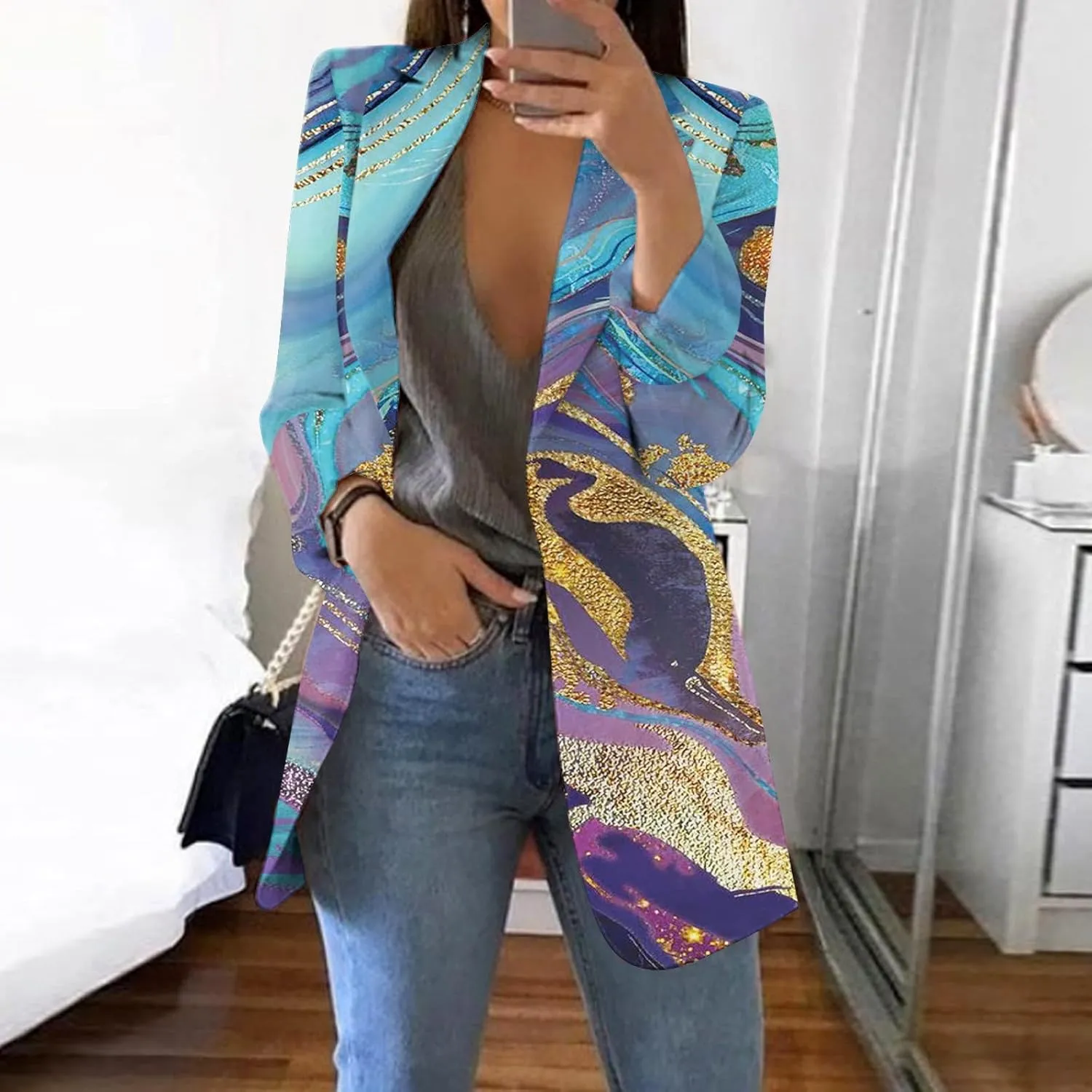 Womens Lapel Collar Button Blazer Open Front Floral Print Business Casual Suit Jackets