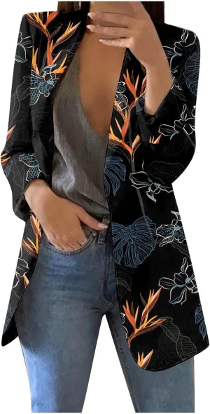 Womens Lapel Collar Button Blazer Open Front Floral Print Business Casual Suit Jackets