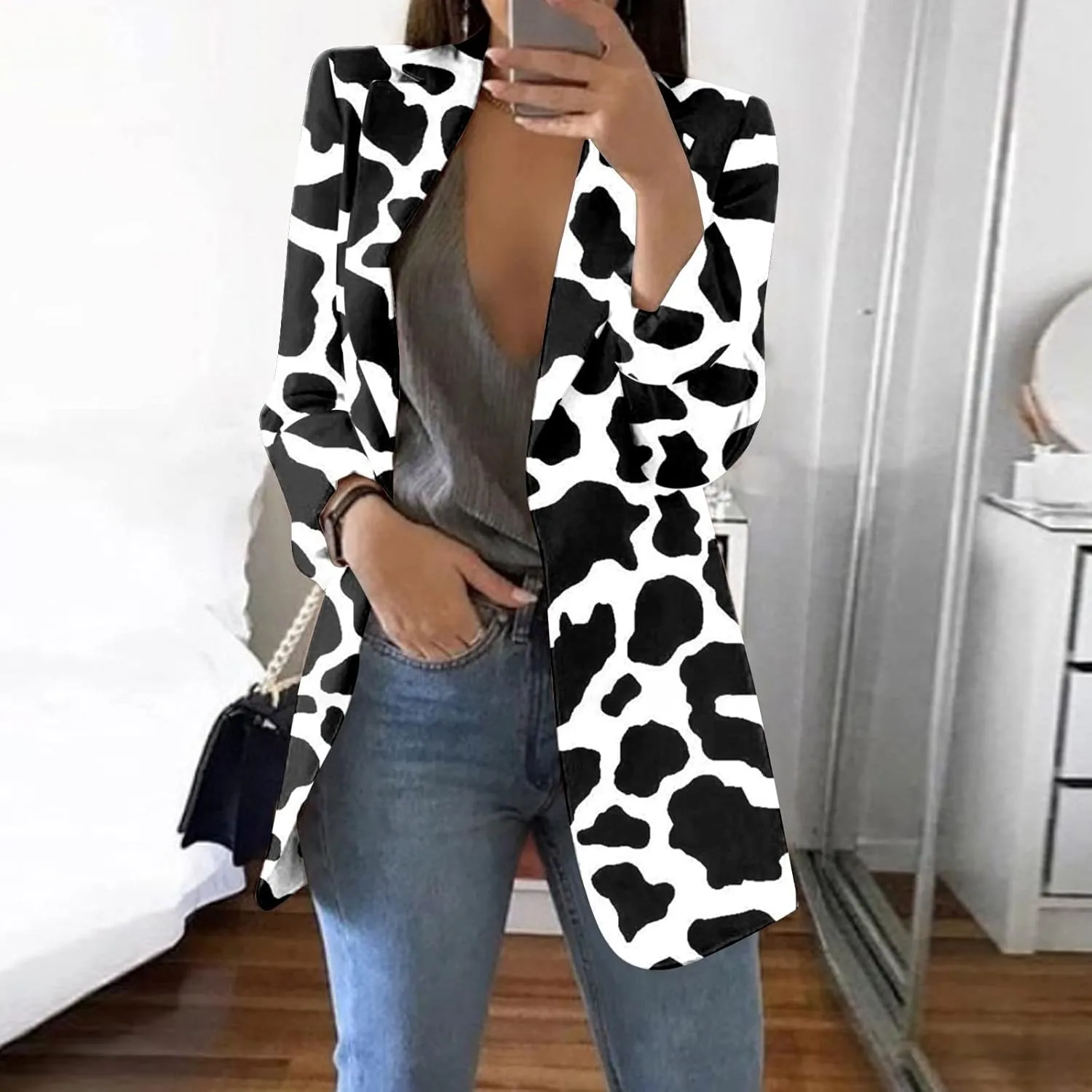 Womens Lapel Collar Button Blazer Open Front Floral Print Business Casual Suit Jackets