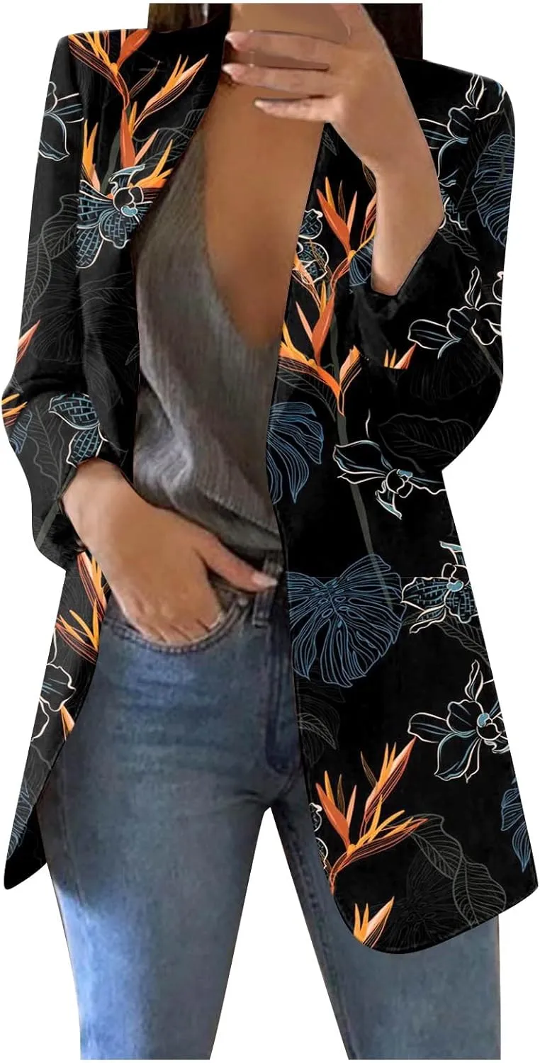 Womens Lapel Collar Button Blazer Open Front Floral Print Business Casual Suit Jackets