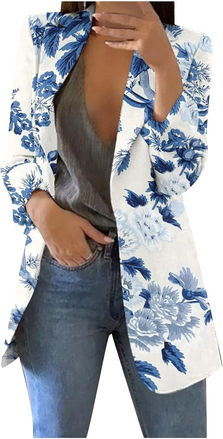 Womens Lapel Collar Button Blazer Open Front Floral Print Business Casual Suit Jackets