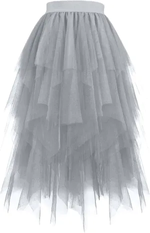 Women's Layered Tulle Skirt High Low Irregular Hem Midi Length Tutu Skirts Elastic Waist Prom Party Fairy Skirt