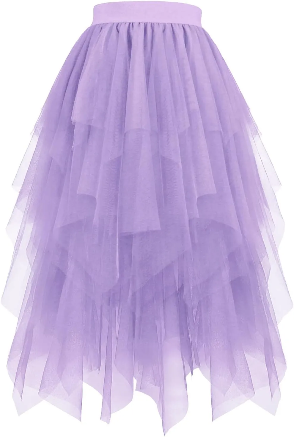 Women's Layered Tulle Skirt High Low Irregular Hem Midi Length Tutu Skirts Elastic Waist Prom Party Fairy Skirt