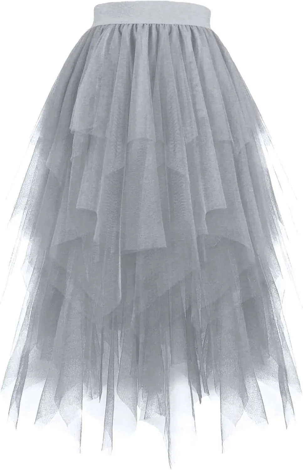 Women's Layered Tulle Skirt High Low Irregular Hem Midi Length Tutu Skirts Elastic Waist Prom Party Fairy Skirt