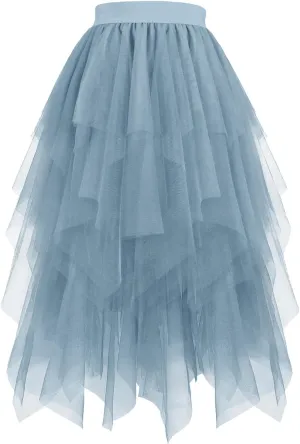 Women's Layered Tulle Skirt High Low Irregular Hem Midi Length Tutu Skirts Elastic Waist Prom Party Fairy Skirt