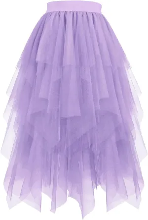 Women's Layered Tulle Skirt High Low Irregular Hem Midi Length Tutu Skirts Elastic Waist Prom Party Fairy Skirt