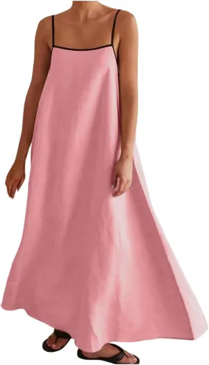 Womens Linen Maxi Dress Contrast Trim Spaghetti Straps Summer Outfits Sleeveless Long Womens Business Casual Dresses