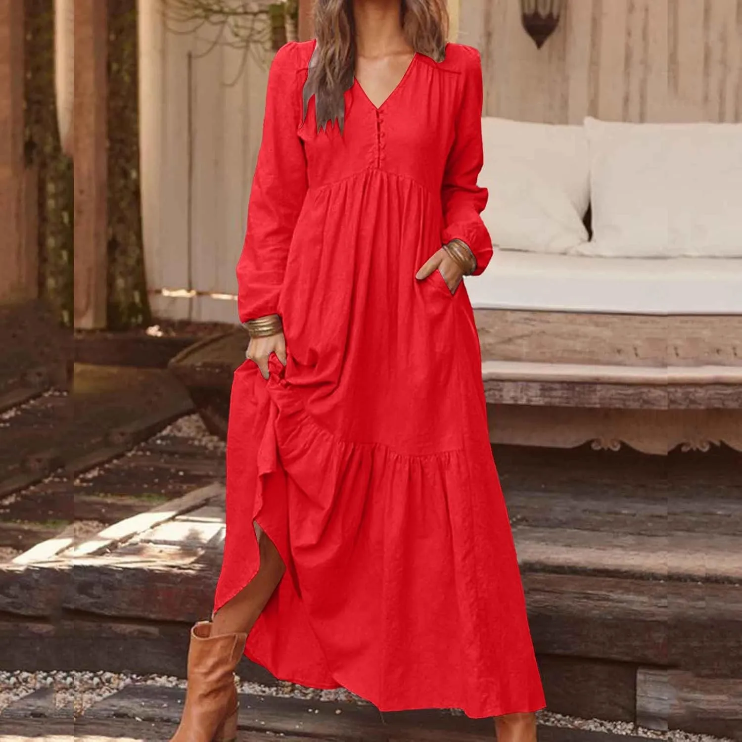 Women's Linen Maxi Dress Long Sleeve with Pockets Casual V Neck Tiered Ruffle Boho Beach Line Cocktail Party Dresses