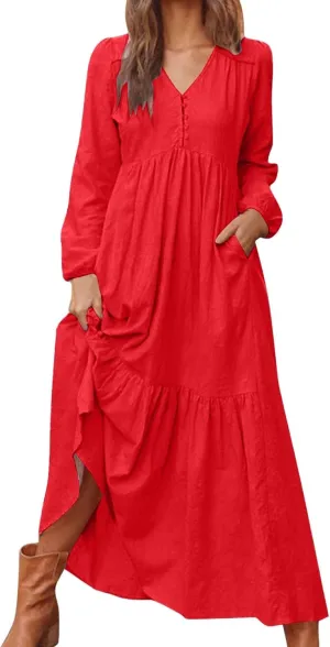 Women's Linen Maxi Dress Long Sleeve with Pockets Casual V Neck Tiered Ruffle Boho Beach Line Cocktail Party Dresses